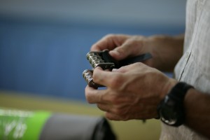 David inspects the Ezzy tack pulley.