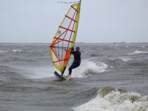 Bill Barber windsurfs insane wind in 2011's hurricane Irene.