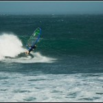 I finish an Irish bottom turn on one of the prototype 4-batten wave sails.