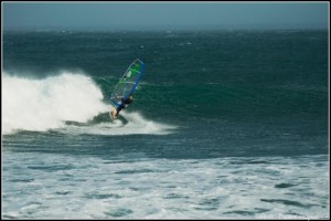 I finish an Irish bottom turn on one of the prototype 4-batten wave sails.