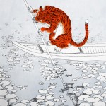 This drawing isn't very realistic-- there is no refraction on the tiger's oar.