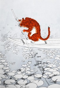 This drawing isn't very realistic-- there is no refraction on the tiger's oar.
